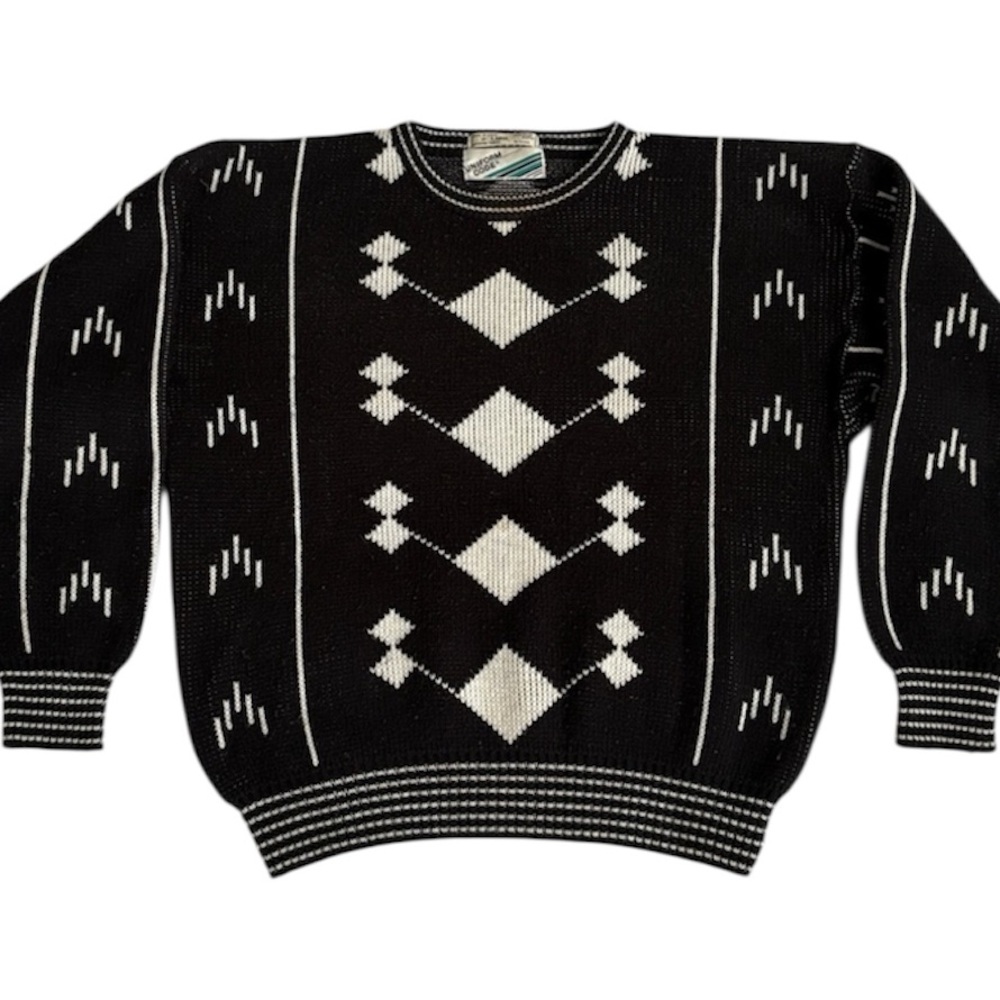 VTG Uniform Code Black White Knit Diamond Abstract Pullover Sweater Y2K Womens L